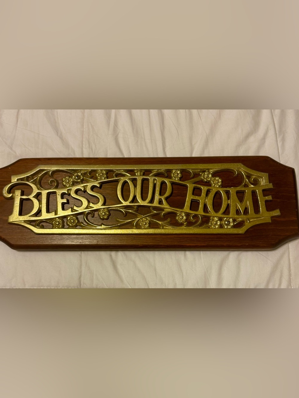 Vintage Bless Our Home Wall Plaque Wood Gold Floral Cottage Decor
